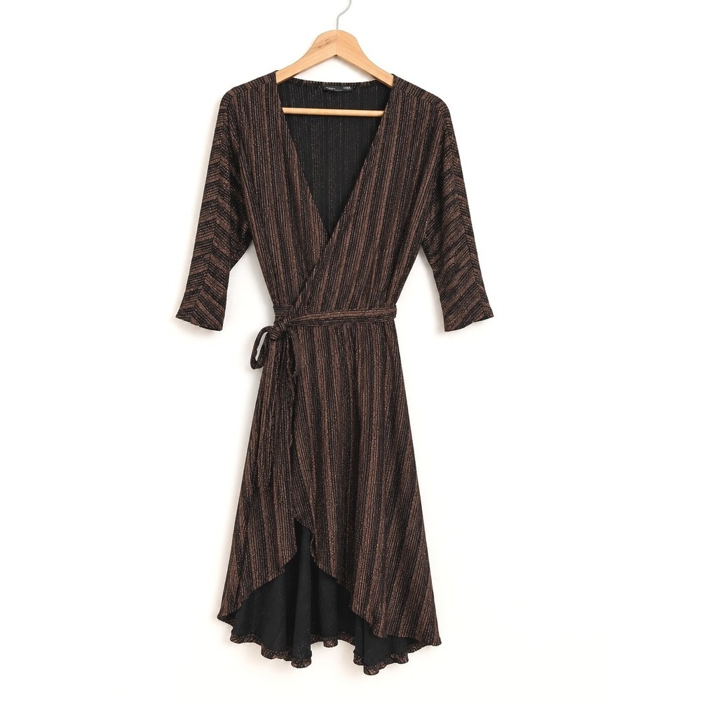 Zara Bronze Metallic Striped Kimono Wrap Dress V-Neck High-Low Small S - Picture 5 of 9
